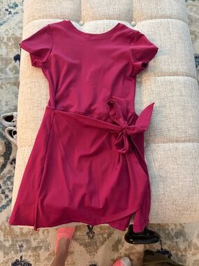 Women's Short-Sleeve Wrap Skater Dress in Raspberry